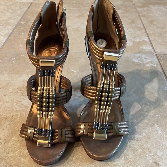 Tory Burch leather Sz 8 metallic bronze gold gladiator high heels pump shoes - Picture 2 of 13